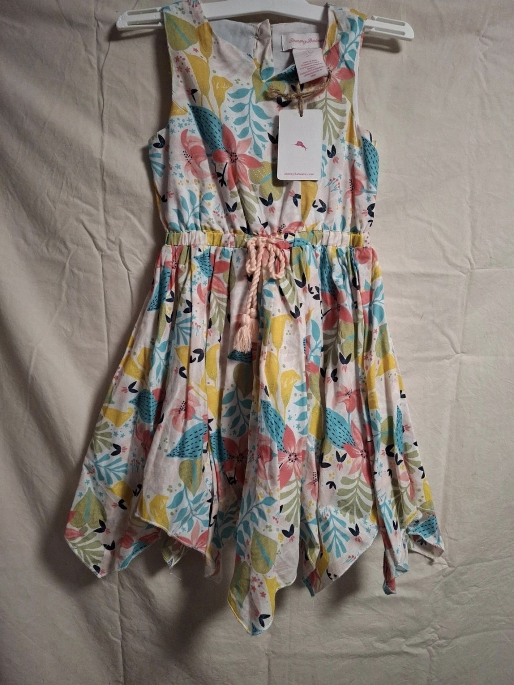 Tommy Bahama Girls Floral Handkerchief Dress - White, Teal, Yellow, Pink Size 3T